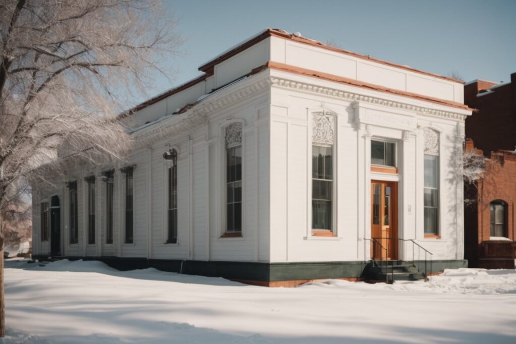 Historic Denver building with modern siding in snow