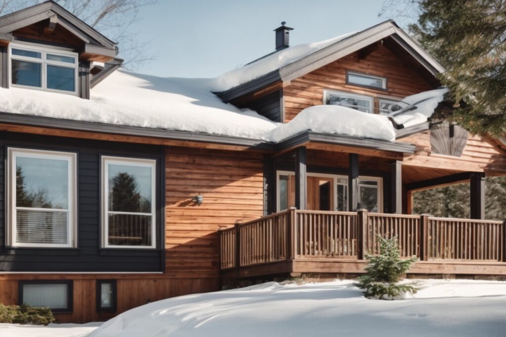 Home exterior with durable Diamond Kote siding in snowy and sunny weather conditions