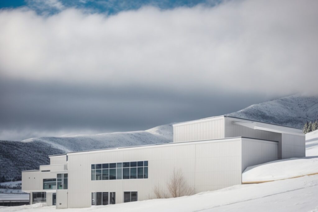 Colorado commercial building exterior with durable siding facing snow