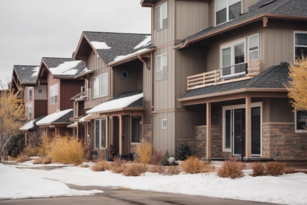 Multifamily property in Colorado with durable siding, snowy background