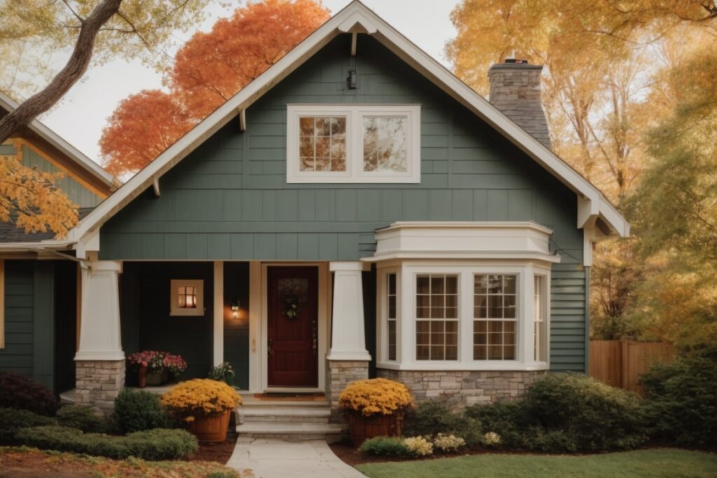 Home exterior with James Hardie Siding in various styles and colors against changing seasons backdrop