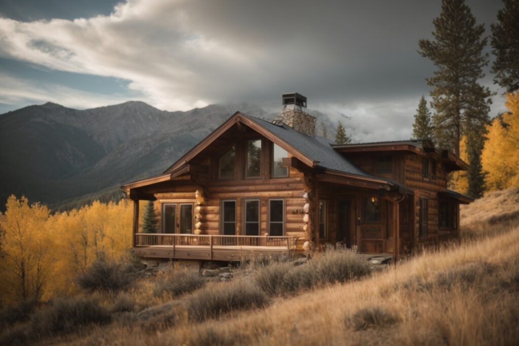 Colorado home exterior with weathered wood siding against alpine background