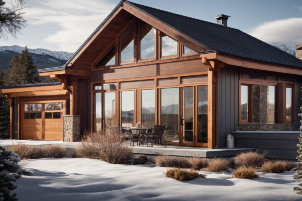 Colorado home exterior with innovative vinyl siding, snowy mountains background, energy-efficient design