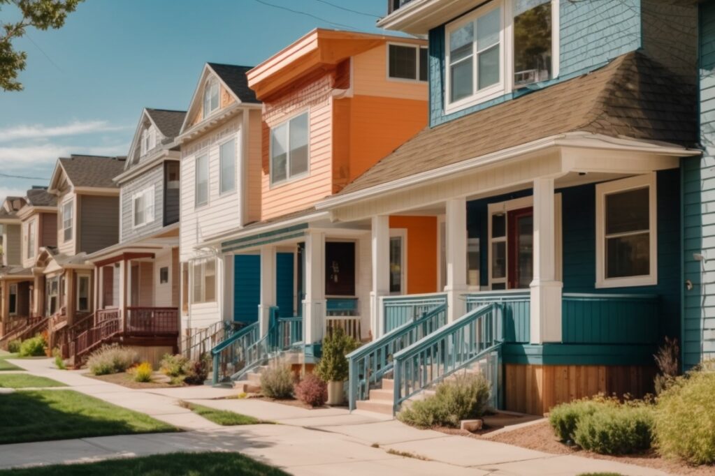 Denver neighborhood with houses featuring vibrant vinyl siding in sunny weather